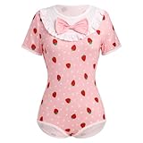 FYMNSI Damen ABDL Body Nette Einteiler Bodysuit Baumwolle Kurzarm T-Shirt Unterhemd Druckkn�pfe im Schritt Karikatur Jumpsuit Playsuit Unterw�sche Nachthemd Pyjamas Nachtw�sche Rosa Erdbeere L