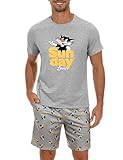 Demegimi Schlafanzug Herren Kurz Lustig Kurzer Pyjama Set Baumwolle Shorty Nachtwäsche mit Katze T-Shirt und Schlafanzughose für Männer