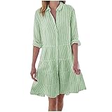 Blusenkleid Damen Sommer Elegant Langarm Tunika Kleid Damen Kurz A Linie Gestreift Sommerkleid mit Ärmel Streifen Hemdblusenkleid Frauen Rüschen Damenkleider mit Knopfleiste