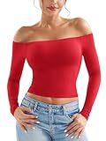 ZAAYO Long Sleeve Schulterfreies Oberteil Damen Y2K Crop Top Basic Langarmshirt Sport Tshirt Off Shoulder Gym Oberteil Damen Red L