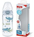 NUK First Choice+ Babyflasche | 6-18 Monate | Temperaturkontrolle | Fließkontrolle | Anti-Colic Belüftungssystem | 360 ml | BPA-frei | Silikonsauger | Krokodil (blau)