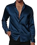 PJ PAUL JONES Herren Glänzende Satin Kleid Shirts Langarm Button Down Seide Hemd mit Fliege, Marineblau, L