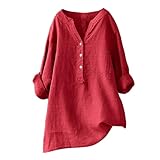 Damen Leinen Langarmshirt Casual Oberteile Locker Elegante Blusenshirt Lang Tunika Basic Top Oversized Longbluse V Ausschnitt Freizeithemd,Rot,XL