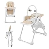 Kinderkraft TUMMIE Hochstuhl 2 in 1, Kinderhochstuhl, Babystuhl, Kombihochstuhl, ab den Ersten Lebensmonaten, Fußstütze, Halbliegende Position, Bezug aus PU, mit Spielzeugen, Beige