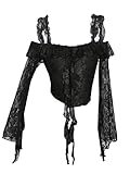 GORGLITTER Bluse Damen Elegant Y2K Schulterfrei Oberteil mit Durchsichtig Spitze Crop Top Langarm Gothic Party Fetsival Outfit Schwarz S