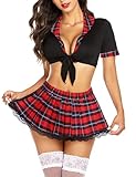 Avidlove Damen Halloween Kostüm Damen Sexy Cosplay Uniform Set Minirock, Schulmädchen Cosplay Kostüm Kleid Dessous Anzug Halloween Kostüm Set(Rot-Schwarz Kariert，S)