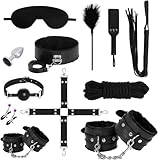 12er BDSM Bondage Set Fesselset Erotik SM Sex Spielzeug Zugband Handschellen Knöchelmanschetten Analplug Nippelklemmen Ballknebel Federkitzler Augenmaske Peitsche Paddel Baumwollseil Paare (schwarz)