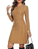 Aottori Damen Strickkleid Elegant A Linie Kleid Pulloverkleid Zopfmuster Rundhalsausschnitt Minikleid Strickpullover Party Freizeit Cocktail Kamel M