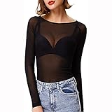 Damen Sexy Langarm U-Ausschnitt Durchsichtige T-Shirt Blusenoberteile Fashion Loose Fit Hemd mit U-Ausschnitt Oberteile Langarmshirt Mesh Bluse Shirt Casual Transparent Party (Schwarz-Lang, S)