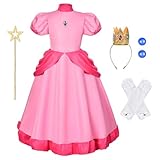 Aomig Prinzessin Mädchen Kostüm 5Teiliges Set Costume for Girls Rosa Kleid Kinder Kostüm Krone Diadem Zauberstab Handschuhe Ohrringe Princess Kostüm Verkleidung Karneval Halloween Geburtstag Party 130