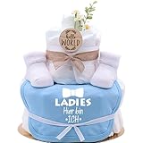 Trend Mama | Windeltorte | hellblau | Spruch wählbar | 27 Windeln (Größe 2), Baby Lätzchen, Kuschelsocken |Geschenk Geburt (Design| Ladies hier bin ich)