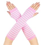 Lange Armwärmer Gestreift Fingerlose Handschuhe für Frauen (Rosa und Weiß)