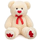 BEJOY Teddybär 91cm Plüschtier großer Bär Kuscheltier mit Liebe rotes Herz für Freundin und Kinder Geschenk, Beige