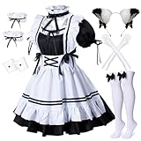 Anime French Maid Schürze, Lolita, Faschingskostüm, Cosplay Kostüm, pelzige Katze, Ohren, Handschuhe, Socken-Set, schwarz-weiß, Small