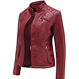 SHADIOA 2021 Lederjacke Damen Reißverschlüsse Frühling Herbst Damen PU Lederjacke Schlank Motor Biker Mantel Weibliche Übergroße,Rot,L