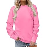 Onsoyours Damen Rundhals Sweatshirt Herbst Pullover Einfarbig Longshirt Basic Pulli ohne Kapuze Elegant Langarmshirt Teenager Mädchen Streetwear A Rosa XL