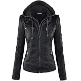 Newbestyle Damen-Jacke mit Kapuze, Lederjacke, Langarm, kurz, Reißverschluss, Motorrad-Stil Gr. XS, Schwarz