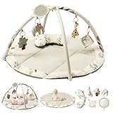 Fortella Spielbogen Baby, Spielmatte mit Bauchzeit Kissen und 5 Sensorik Spielzeug Abnehmbarem,Naturthemen Krabbeldecke für Babys ab der Geburt, Neugeborene & Kinder, 0-6-9-12 monate-Salbeigrün