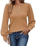 Zeagoo Pullover Damen Rundhals Strickpullover Herbstpulli mit Puffärmel Stilvolle Slim Fit Sweater Bequem Warm Strickpullover Langarm Tops Kamel M