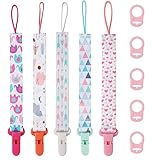 Schnullerkette Mädchen, 5er Baby Schnullerband Stoff mit 5er Silikonring, Schnullerketten mit Clips, Personalisiert Nuckelketten für Schnur Lätzchen Dreieckstuch Schnuller (Rosa)