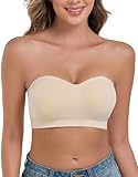 ANGOOL Damen Trägerloser BH ohne Bügel Push Up BH ohne Träger Feste Polster Bandeau Top Damen Seamless mit Transparente und Primärfarbige Träger, Beige, S