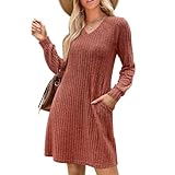 KOEMCY Strickkleid Damen Langarm Pulloverkleid V Ausschnitt Elegant Sexy Minikleid Strickpullover Warm Freizeitkleid mit Taschen Herbst und Winter (Schokolade/M)