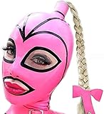 Latex Kapuze mit Zöpfen und Schleifen, Rosa Full Face Cover mit Reißverschluss für Meister, Königin, Sex, BDSM, Party, Cosplay, Urlaub