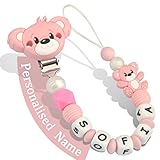 Yolnkos Schnullerkette mit Namen Jungen Mädchen Personalisiert Schnullerclip Teddy Bär(Rosa)