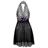 Boowhol Damen Reizwäsche Spitzenkleid Nachthemd Negligee Sexy Transparent Dessous-Sets Kleid Spitze Reizvoll Neckholder Babydolls mit Panties,Übergröße- größe L-5XL (XL, Schwarz)