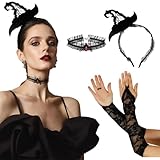 3Pcs Halloween Haarreifen mit Kette & Spitze Handschuh,Gothic Haarreif Halloween Kopfschmuck Schwarz Halloween Kostüm Accessoires Damen Haarband Halloween Karneval Fasching Motto Party