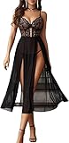 Avidlove Sexy Dessous Damen Reizwäsche Set Spitze Lingerie Netzstoff Babydoll V-Ausschnitt Unterwäsche Corsage Nachthemd Longe Nachtwäsche Seitlich Geschlitztes Negligee,SchwarzM