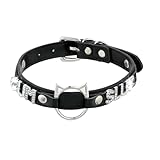 Schwarzes O-Ring-Halsband für Damen, rosafarbenes veganes Leder, Choker-Halskette mit Katzenförmigem Ring und Strass-Buchstaben, Kunstleder, Kein Edelstein (SLU, Schwarz)
