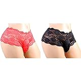 HEALLILY 2Pcs Männer Sissy Beutel Höschen Spitze Sexy Unterhose Stickerei Unterwäsche Boxershorts - Größe XL (Schwarz + Rot)