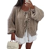 Pullover & Strickjacken Für Damen Y2K Grobstrick Mit Schnürung Vorne Und Schleife Einfarbig V-Ausschnitt Lange Puffärmel Weiche Warme Cardigan Winter