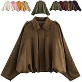 Generisch 2025 Womens Faux Suede Bomber Jacket Lapel Collar Zip Front Coat Long Sleeves Trendy Y2K Streetwear Outerwear (Brown,S)