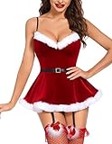 Avidlove Christmas Dessous Damen Kostüm Sexy Kleid Samt Body Strapsen Outfit V-Ausschnitt Reizwäsche Curvy Negligee Mit String Rot L