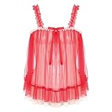 MSemis Herren Sissy Dessous Dress Kleider Nachthemd Transparent Mesh Unterhemd Rosa Träger Top Unterwäsche mit Spitzen Rüsche Nachtwäsche Rot F XXL