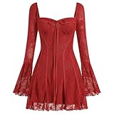 Odizli Korsett Kleid Damen Elegant Herbst Langarm Blume Spitzenkleid Minikleid Kurz Herbstkleid Festlich Hochzeit Hochzeitsg�ste Partykleid Y2K Aesthetic Cottagecore Corset Milkmaid Dress Rot M