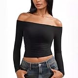 NZYIHAO Damen Langarmshirt Elegant Stretch Pullover Slim Fit One Off Shoulder Oberteil Langarm Tshirts Crop Top Schulterfrei Asymmetrischer Y2k Enge Tops Sexy Bluse