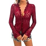 Blusen Damen Sexy Sheer Mesh Spitze Crop Tops V Ausschnitt Blusenshirt Longbluse Einfarbig Oberteile Krawatte Langarm Rüschen Trim Wein L