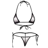 CHICTRY Transparenter Damen Bikini Sets aus Netz Triangel Bikinis Frauen Schwimmanzug Badeanzug Lingerie Babydoll BH und Micro String Schwarz One Size