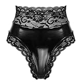 iEFiEL Damen Wetlook Hotpants Bikini Slips Kunstleder Unterwäsche Shorts Kurze Hose Spitzen Panties Gogo Clubwear S-4XL Schwarz 4XL