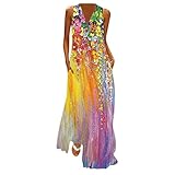 Sommerkleid Damen Lang - Maxikleid Damen V Ausschnitt -Langes Kleid Große Größen Strandkleid Ärmellos Blumen Druck Blusenkleid Sommer Lockeres Leichte Kaftan Boho Kleider Festlich Elegant Partykleid