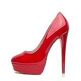 Zhabtuc Damen Plateau Pumps Geschlossen Runde Zeh High Heels 14cm Klassische Party Abschlussball Hochzeit Abend Stilettos Damenschuhe Rot 39 EU