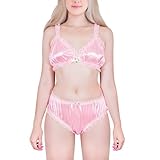 LittleForBig Unisex Nachtwäsche Riemen Dessous Set Lingerie Loungewear Sissy Spitzen Rüschen Verstellbare Satin Bralette Höschen Set Rosa XXL