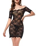 LINGERLOVE Sexy Spitze Negligee Grosse Grössen für Damen Babydoll Dessous Schulterloses Lingerie Nachtwäsche Spitzen-Kleid mit G-String S-4XL