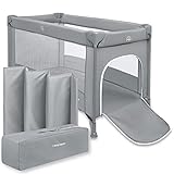 Moby-System Baby Reisebett 128x68 cm – faltbares Kinderreisebett mit Matratze & Tragetasche – Laufstall mit Seitenausgang – für Babys bis 15 kg - Grau