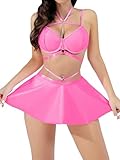 EVELIFE Damen Sexy Lederkleid Set, Neckholder Metallkette Push Up BH, Wetlook Dessous Unterwäsche Curvy Elegant Kunstleder Party Rave Club Outfit Minikleid Unterwäsche Frauen(Leuchtendes Pink, S)