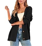 Zeagoo Damen Strickjacke Lang Strick Cardigan Vorne Offen Strickwaren mit Knöpfen V-Ausschnitt Strickmantel Oversize Locker Schulterjacke Top Schwarz XL