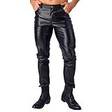 Agoky Herren Motorrad Lederhose schwarz Lange Hose Leggings Slim fit Strech Pants Wetlook Männer Glanz Clubwear M-XL Schwarz F L